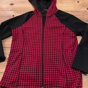 Susan Graver Style Weekend Red Black Houndstooth Hooded Jacket Size Large